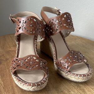 Marc Fisher Brown Laser-Cut Espadrille Wedge Sandals